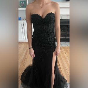 black strapless corset tie back prom dress